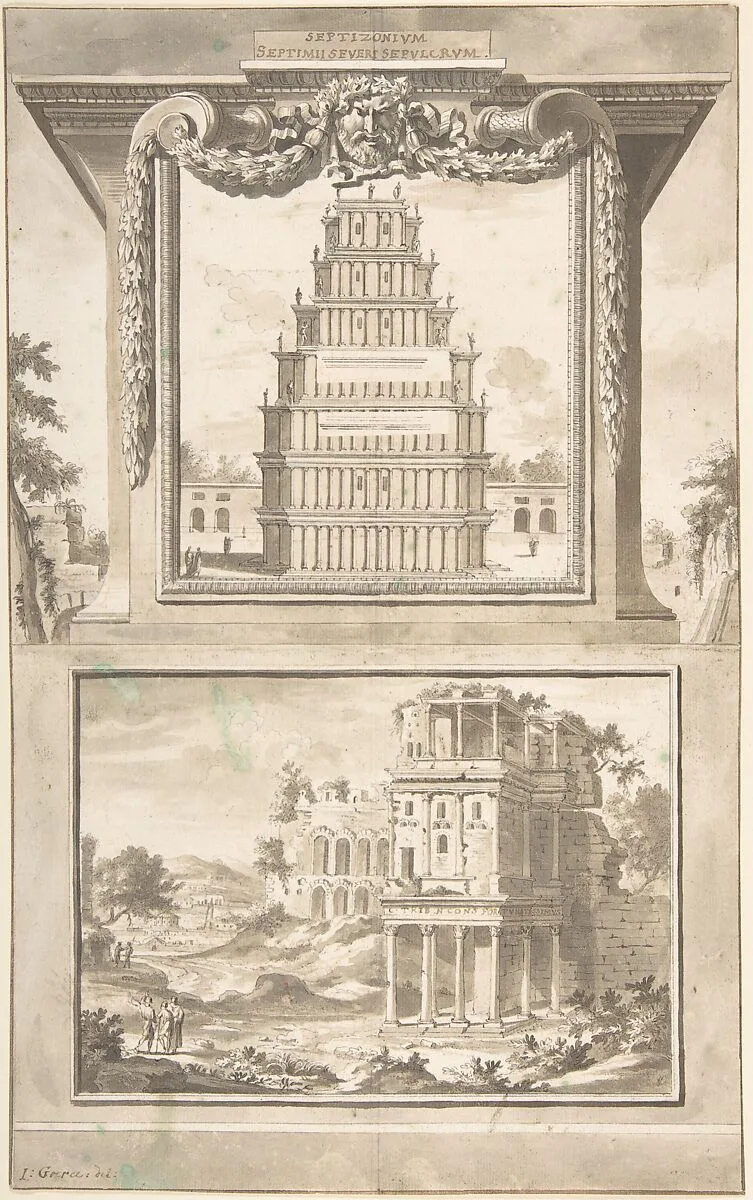 Reconstruction of the Monument to Septimius Severus (above), View of the Ruins (below) — Jan Goeree