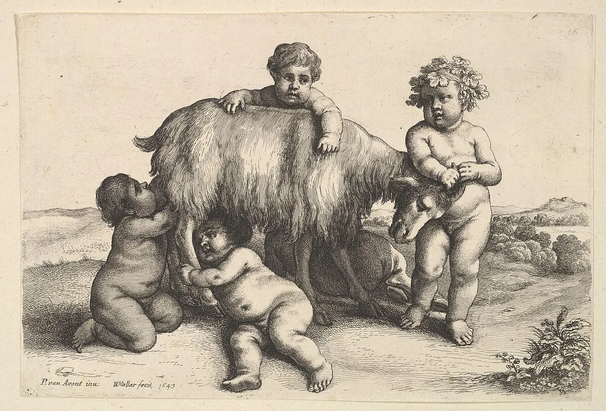 Four boys, a young satyr, and a goat — Wenceslaus Hollar|Pieter van Avont