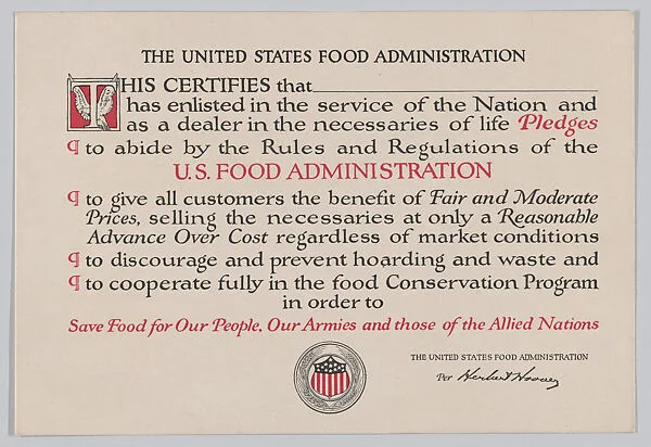The United States Food Administration certificate — United States Food Administration