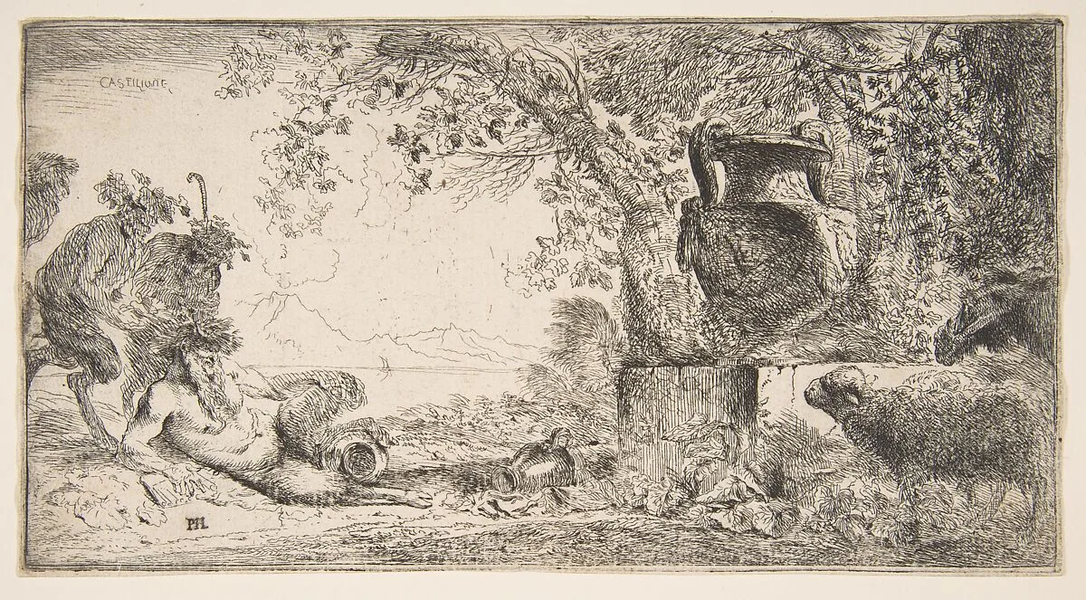 Pan reclincing near a large vase set in a landscape — Giovanni Benedetto Castiglione (Il Grechetto)