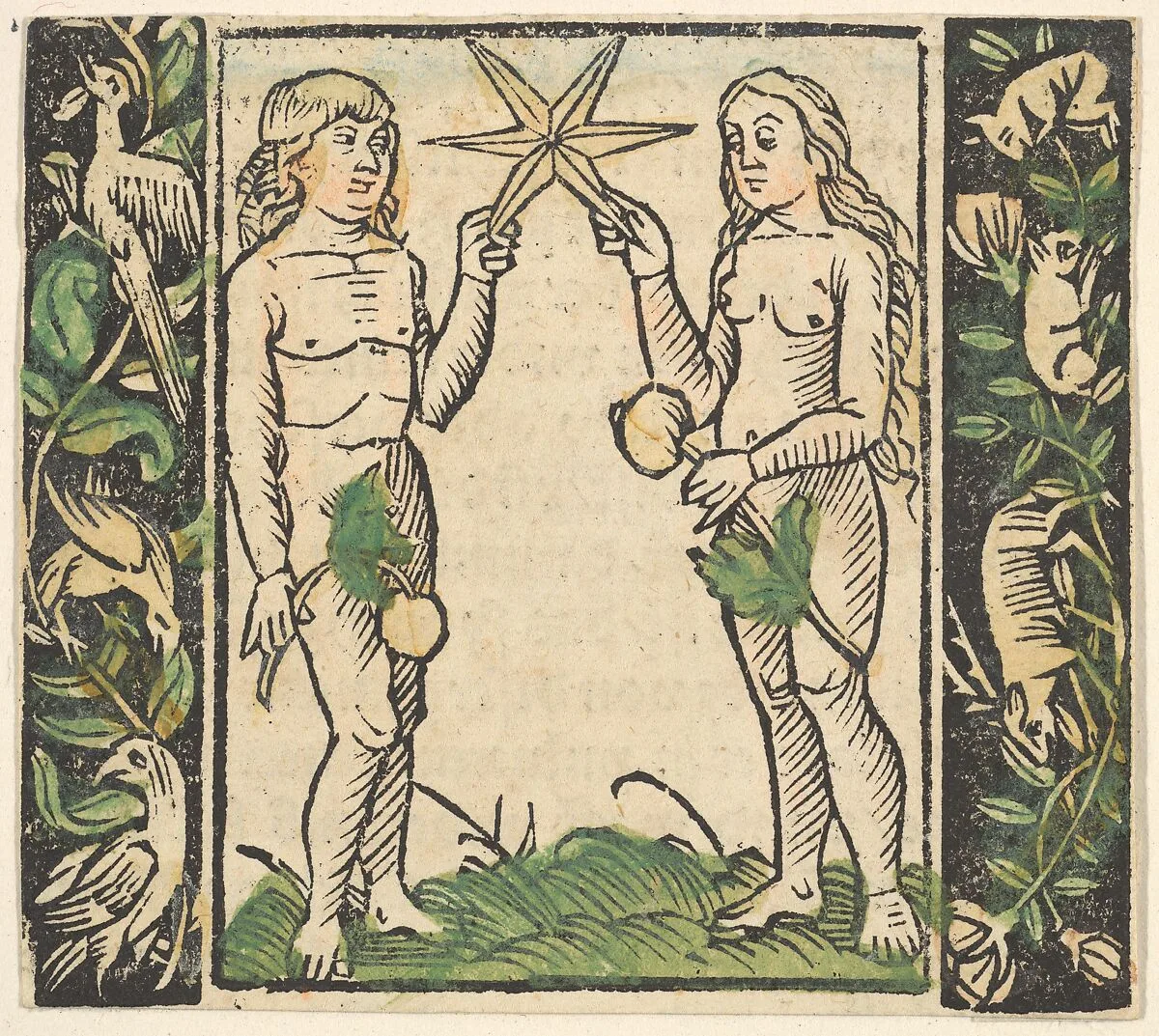Adam and Eve Holding a Star, illustration from Beschlossen Gart des Rosenkranz Mariae — Hans Baldung (called Hans Baldung Grien)