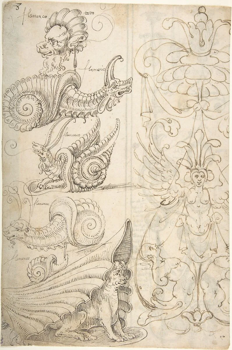Flemish Grotesque Creatures and a Candelabra Grotesque (recto); Candelabra Grotesques with Mask (verso) — Andrés de Melgar