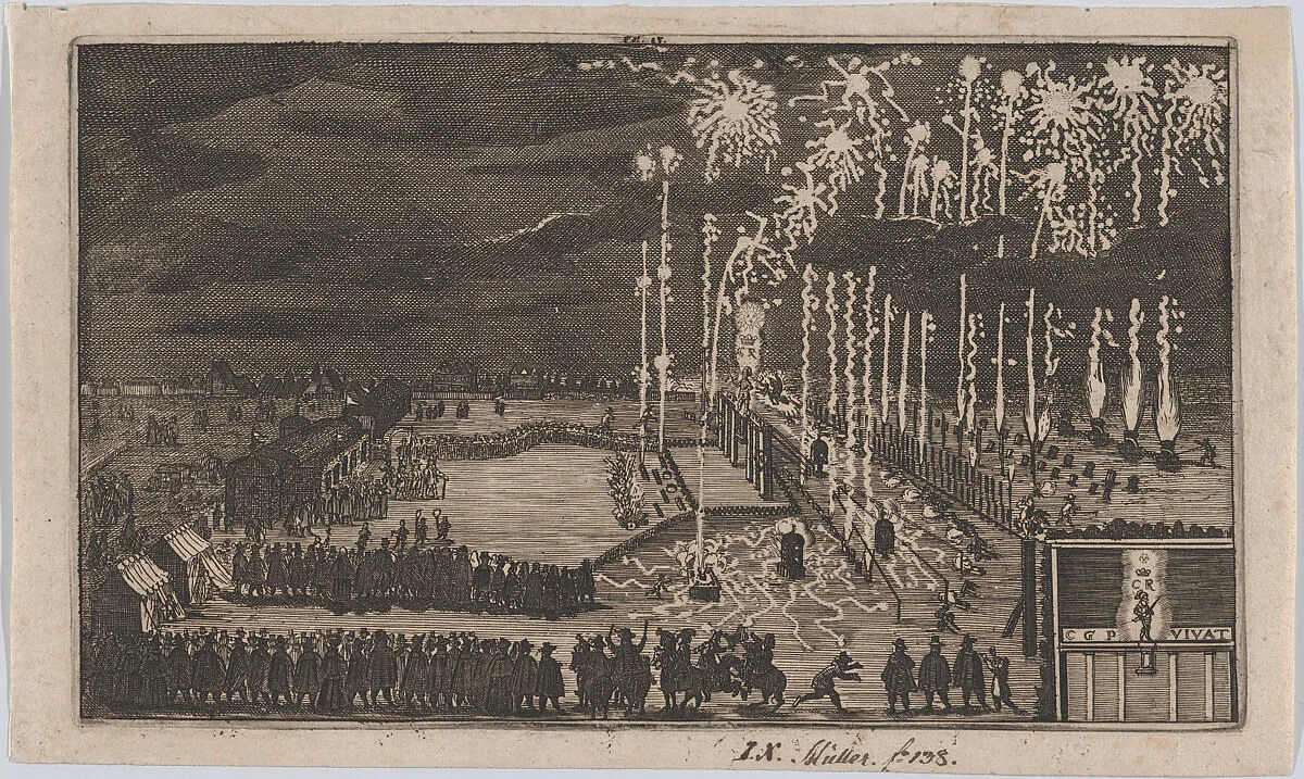 Firework display, Nuremberg 1649, reduced copy of 'Kurze Beschreibung dess kunstlichen Feuerwerkes ...' — Johann Carl Zeuchmeister|Anonymous, German, 17th century