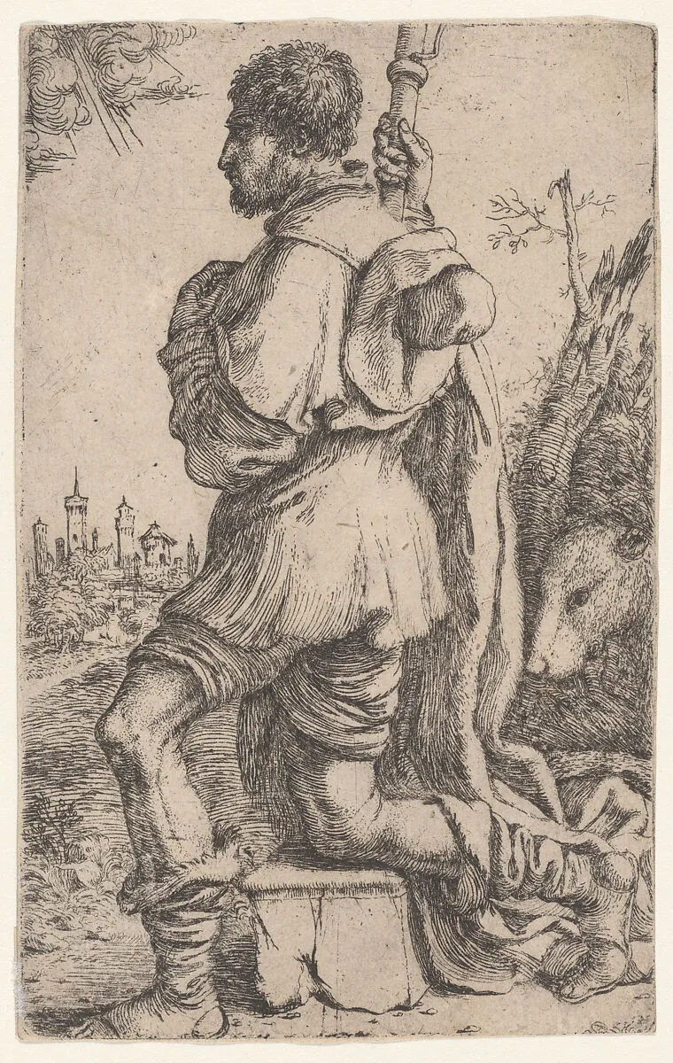 Saint Roch, kneeling on a stone, seen from the side with his dog behind him and a townscape in the background at left — Giuseppe Caletti, called Cremonese