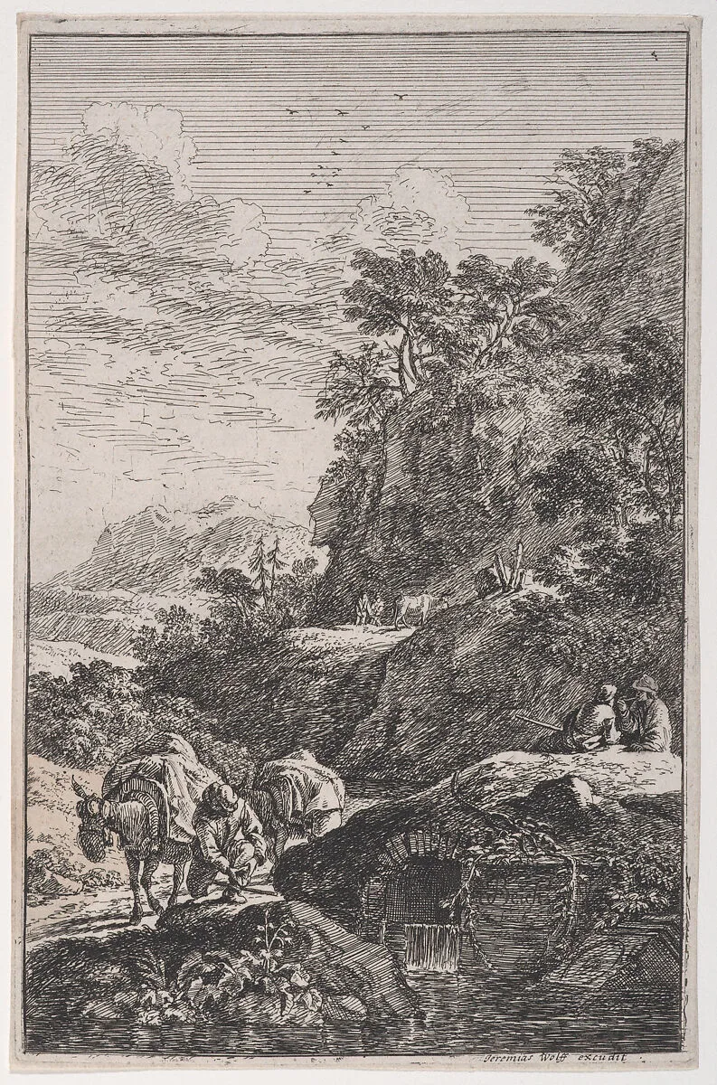 Plate 1: a peasant checking the hoof of his mule by a stream, from "Landscapes in the manner of Salvator Rosa" (Die Landschaften in Sal. Rosa's) — Franz Joachim Beich|Jeremias Wolff