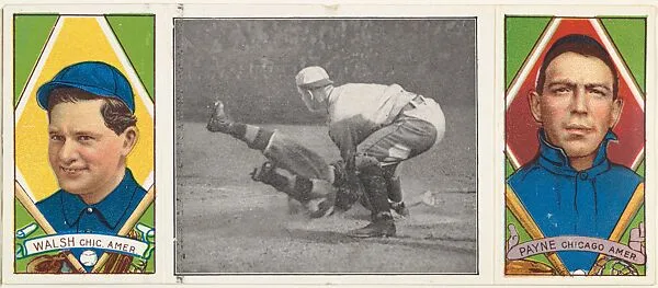 "Close at the Plate," with E. Walsh and F. Payne, from the series Hassan Triple Folders (T202) — Hassan Cigarettes
