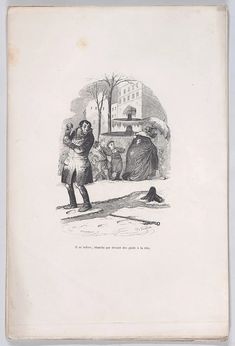 "He gets up, covered from head to toe in snow." from the Little Miseries of Human Life — Henri Fournier|Paul-Emile-Daurand Forgues|J. J. Grandville