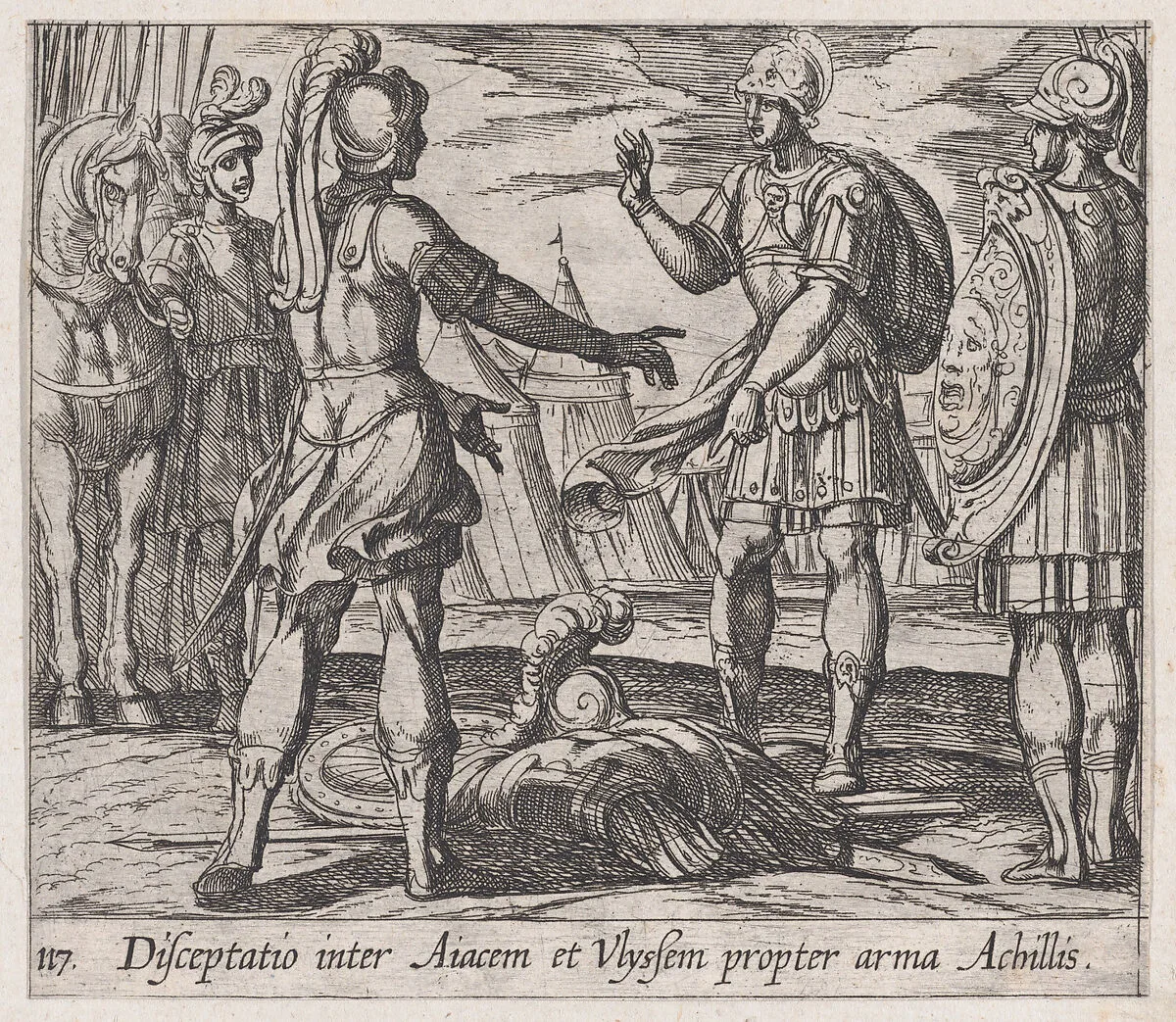 Plate 117: The Dispute over Achilles' Armor (Disceptatio inter Aiacem et Ulyssem propter arma Achillis), from Ovid's 'Metamorphoses' — Antonio Tempesta