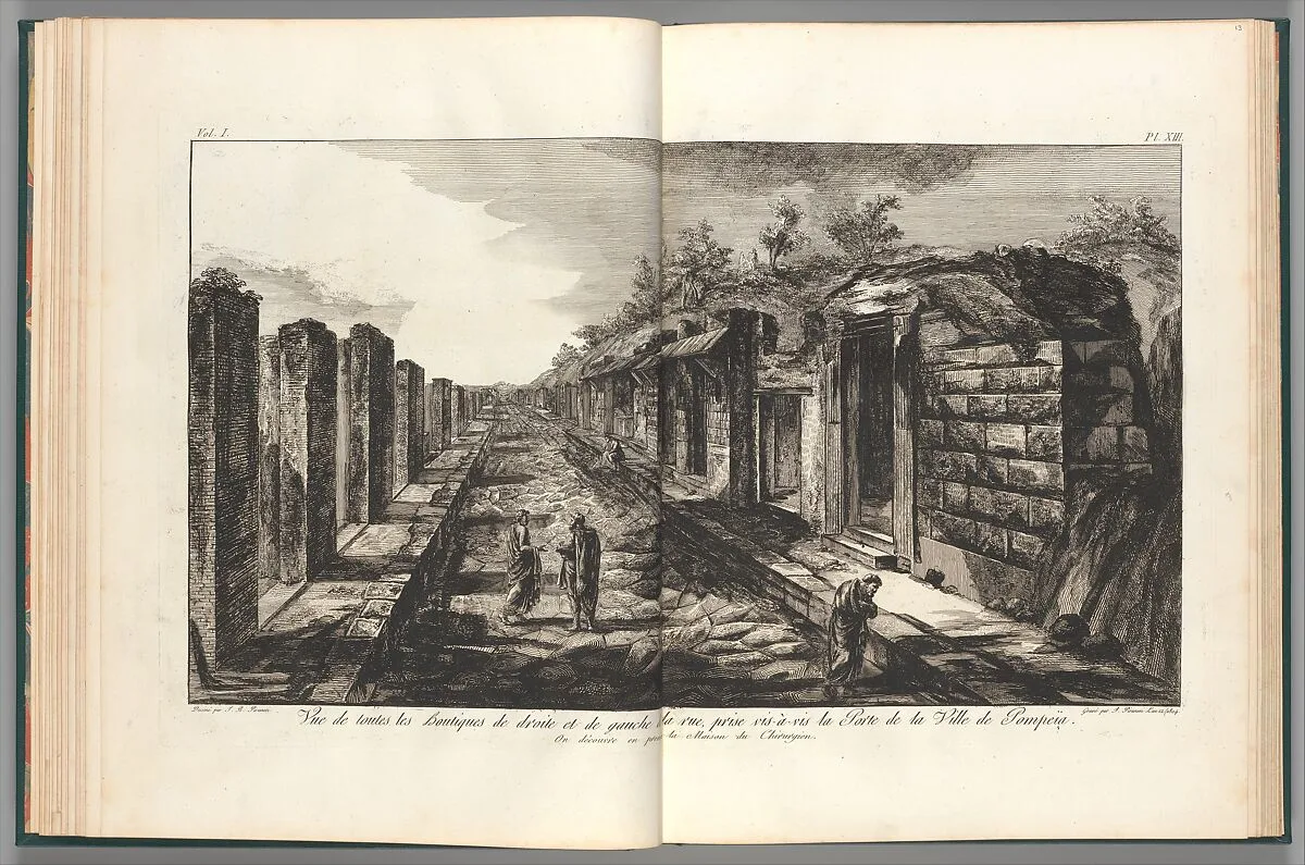 View opposite the entrance gate of all of the shops to the right and left of the street of the City of Pompeii, from "Antiquités de Pompeïa, tome premier, Antiquités de la Grande Grèce..." (Antiquities of Pompeii, volume one, Antiquities of Great Greece...), volume 1, plate 13 — Francesco Piranesi|Giovanni Battista Piranesi