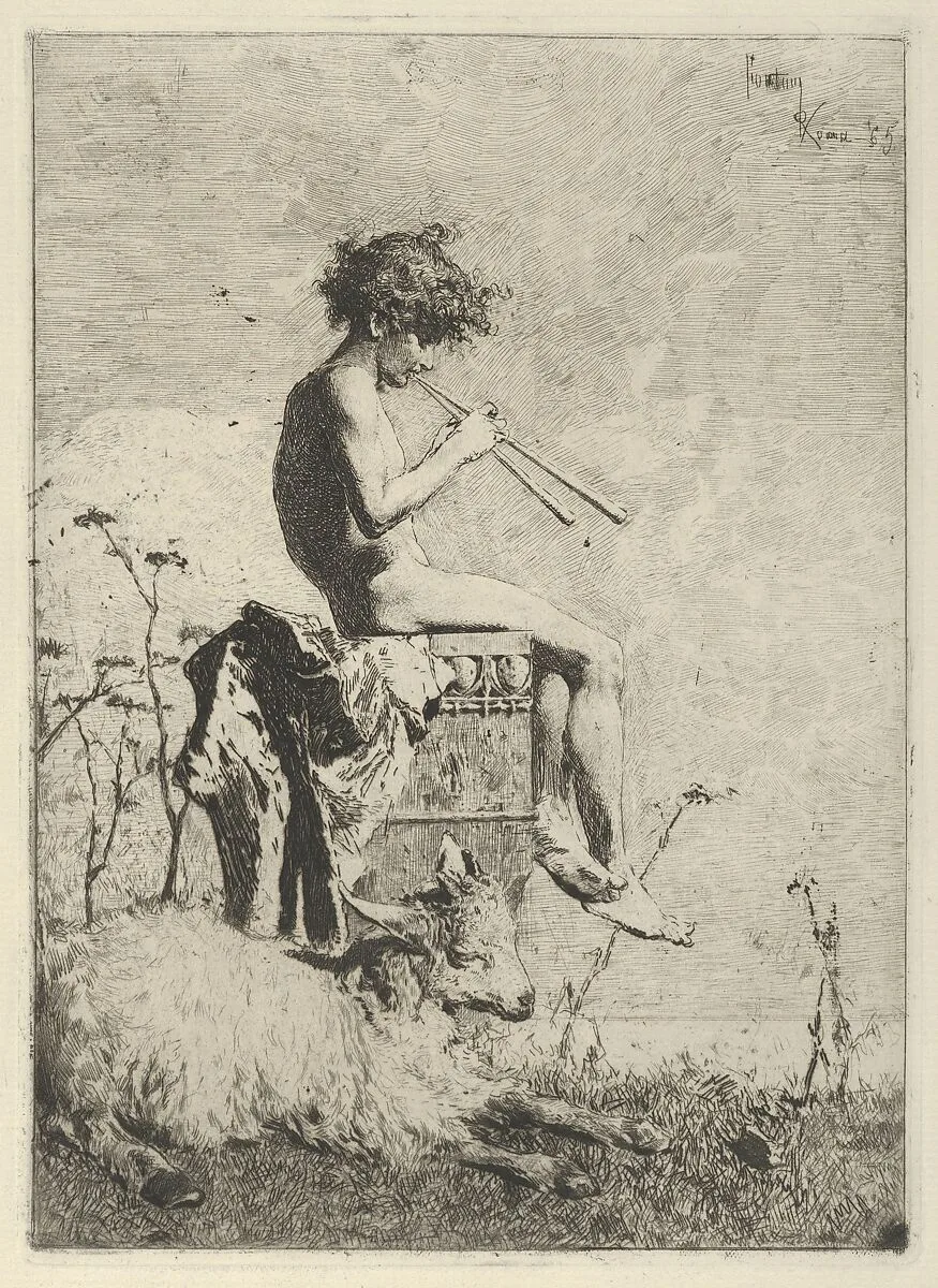 Idyll: a naked youth seated outdoors on a plinth playing a double flute, a goat on the ground before him — Mariano Fortuny, 1838–1874