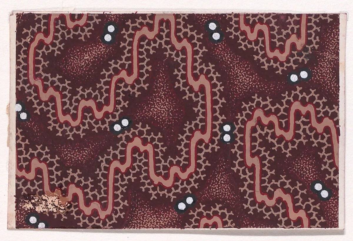 Textile Design with an Undulating Ribbon with Honeycomb Pattern Offsetts and Pearls over a Stippled Background — Anonymous, Alsatian, 19th century