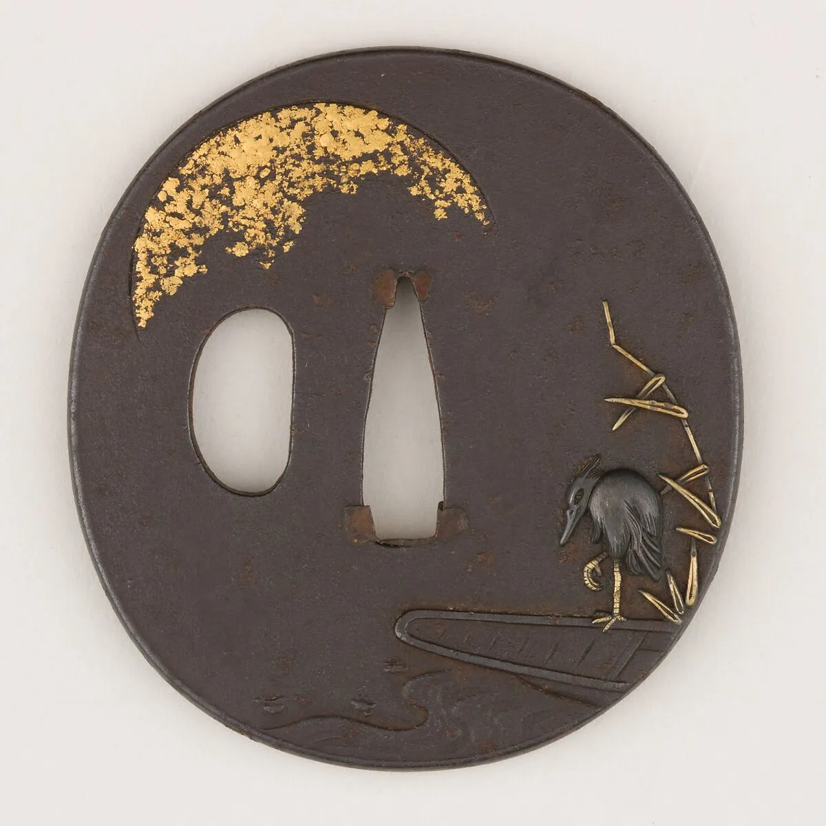 Sword Guard (<i>Tsuba</i>) Depicting Heron on Boat (一路平安図鐔) — Shōzui