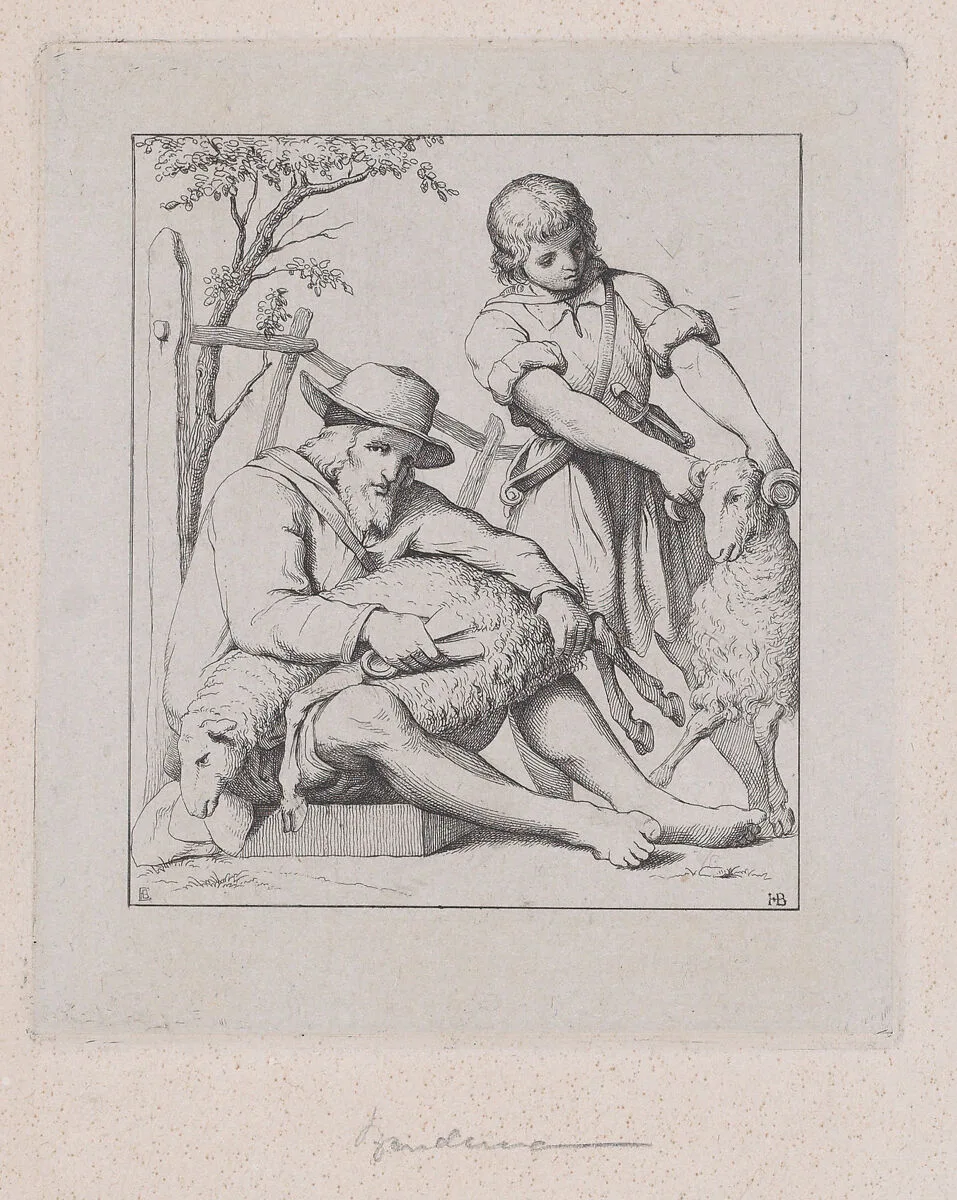 Two men sheep shearing — Eduard Julius Friedrich Bendemann