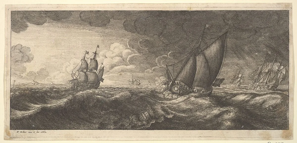 A yacht and three warships in a storm — Wenceslaus Hollar
