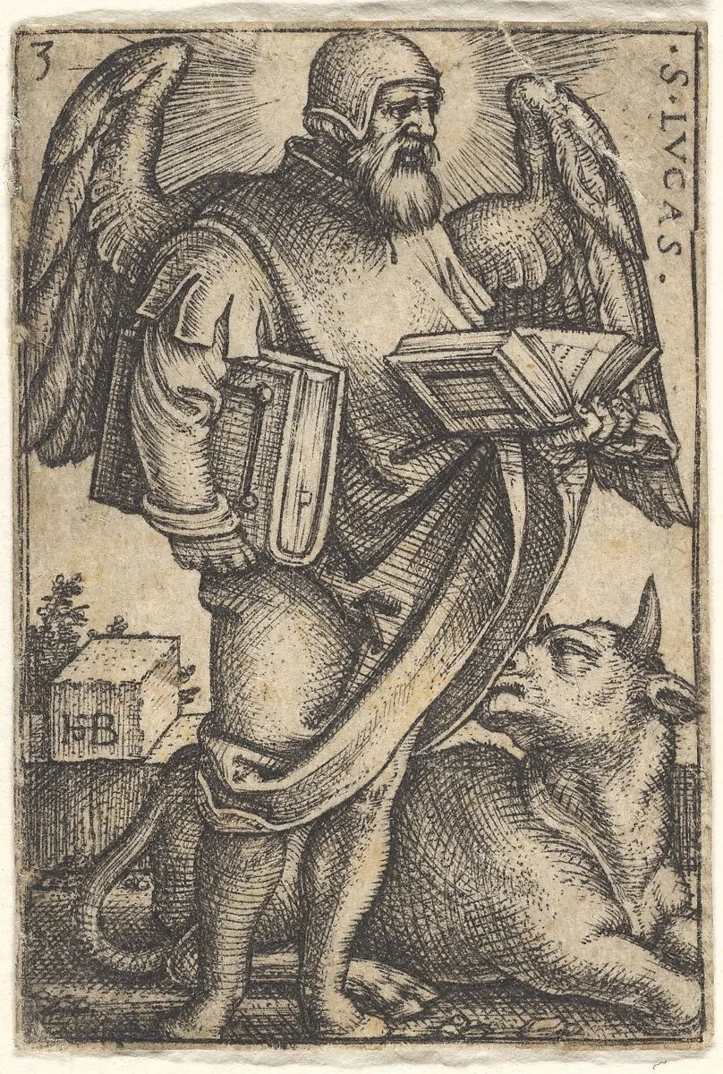 Plate 3: Saint Luke with his head turned in profile to the right, a book in each hand, a bull at his feet, from 'The four evangelists' — Sebald Beham