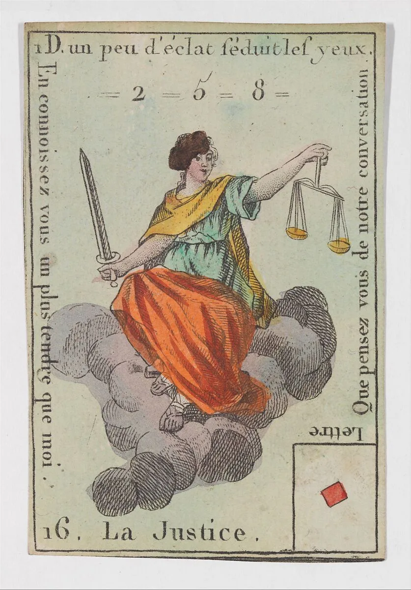 La Justice, from the playing cards (for quartets) "Costumes des Peuples Étrangers" — Anonymous, French, 18th century