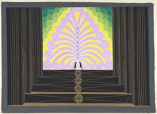 Stage Set Design with Lavender, Yellow and Green Plumes at Top of Black and Gold Stairs for "Les Spectacles," George White's Scandals, New York