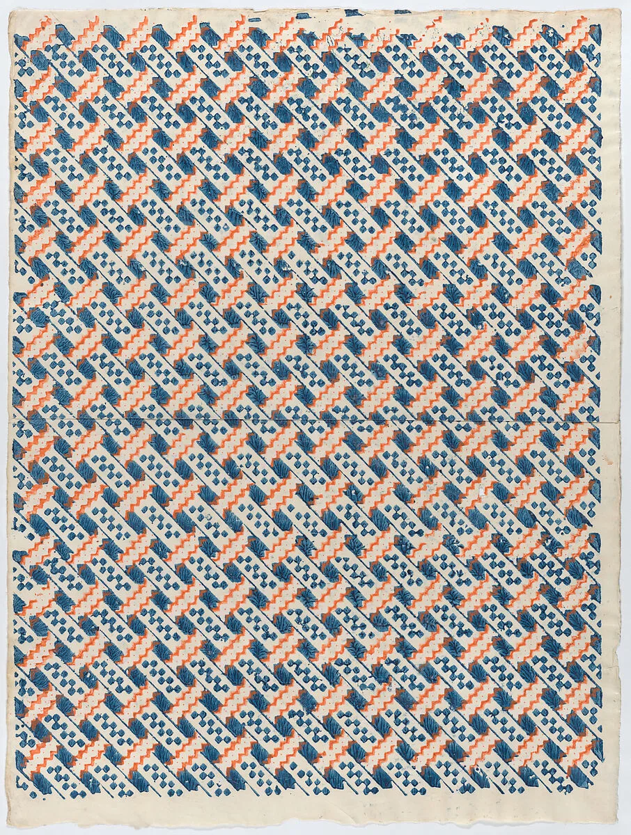 Sheet with overall orange and blue geometric pattern — Remondini Family|Anonymous