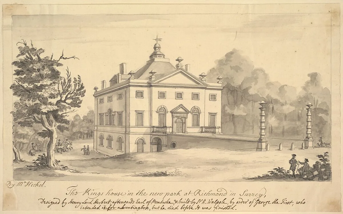 Perspective View of the Entrance Front of the Kings House, Richmond, Surrey — Augustus Heckel|Henry Herbert, 9th Earl of Pembroke
