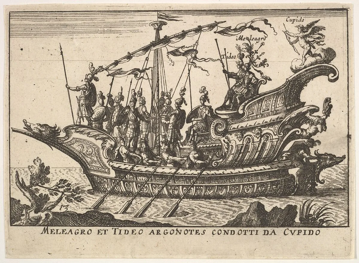 Plate 13: Argonauts Meleager and Tydeus led by Cupid (Meleagro et Tideo Argonotes condotti da Cupido), from the series 'The magnificent pageant on the river Arno in Florence for the marriage of the Grand Duke' (Le Magnifique carousel fait sur le fleuve de l'Arne a Florence, pour le mariage du Grand Duc), for the wedding celebration of Cosimo de' Medici in Florence, 1608 — Anonymous|Giulio Parigi|Remigio Cantagallina|Jean Sauvé