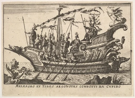 Plate 13: Argonauts Meleager and Tydeus led by Cupid (Meleagro et Tideo Argonotes condotti da Cupido), from the series 'The magnificent pageant on the river Arno in Florence for the marriage of the Grand Duke' (Le Magnifique carousel fait sur le fleuve de l'Arne a Florence, pour le mariage du Grand Duc), for the wedding celebration of Cosimo de' Medici in Florence, 1608