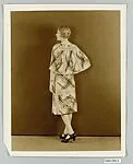 8 x 10 inch black and white photograph of model wearing dress made from Stehli Silks Americana Print collection. — Kadel & Herbert Commercial Department|Stehli Silks Corporation