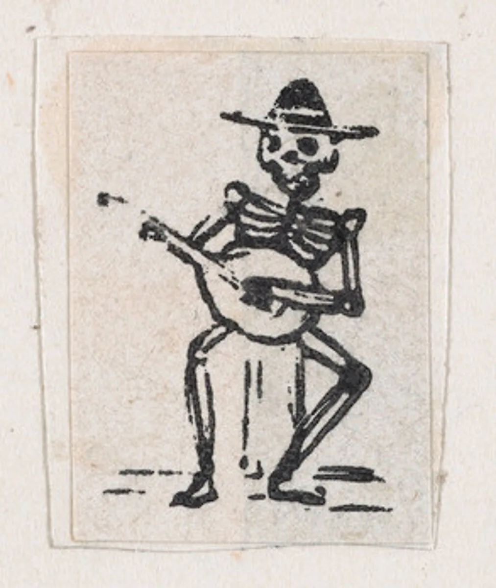 Skeleton playing the guitar, from a broaside entitled 'De este famoso hipodromo en la pista, no faltara ni un solo periodista', published by Antonio Vanegas Arroyo. — José Guadalupe Posada
