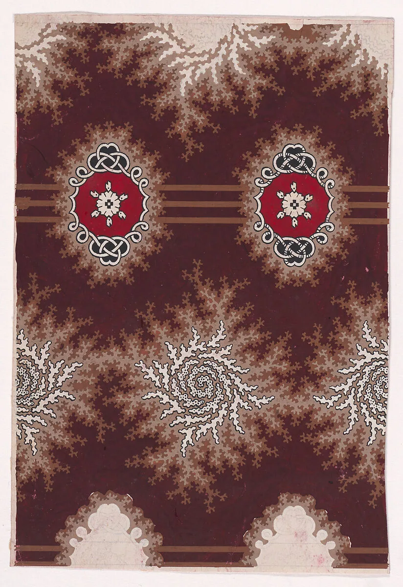 Textile Design with Alternating Horizontal Garlands of Branches with Abstract Swirls and Rosettes Flanked by Stylized Leaves and Framed by an Interlaced Ornamental Motif — Anonymous, Alsatian, 19th century