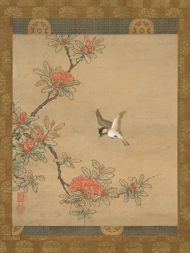 狩野之信筆 四十雀柘榴花図|Titmouse with Pomegranate Flowers