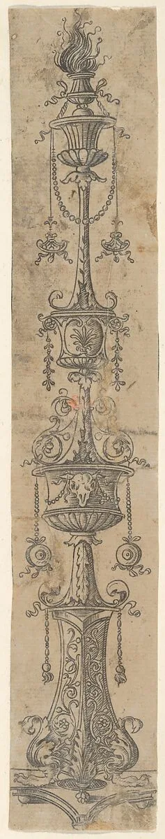Decorative border panel with flaming candelabra ornamented with foliate designs, swags, and a cow's skull, from Life of the Virgin and Christ — Francesco Rosselli