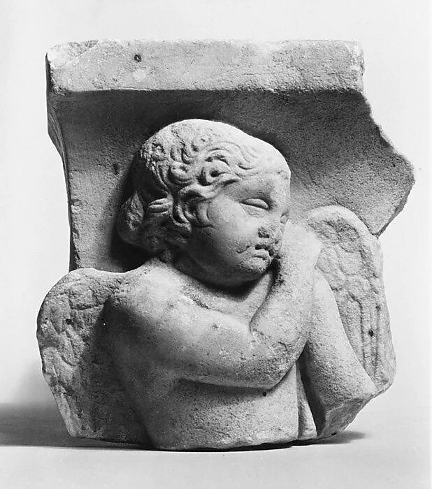 Marble sarcophagus fragment: Eros leaning on a reversed torch — Unknown