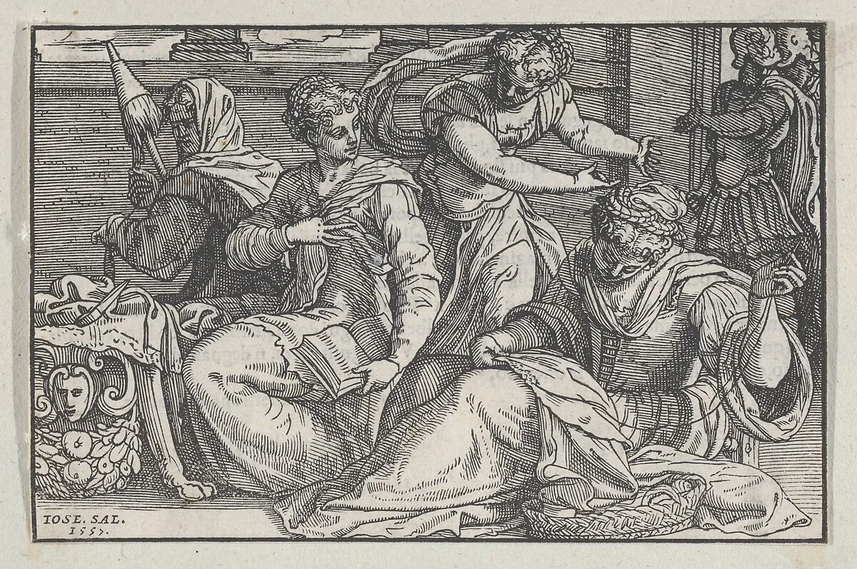Lucretia instructing her daughters in needlework from Giovanni Ostaus's, La vera perfettione del disegno di varie sorte di recami (Venice, 1557) — Giuseppe Salviati (Giuseppe Porta, called Il Salviati)