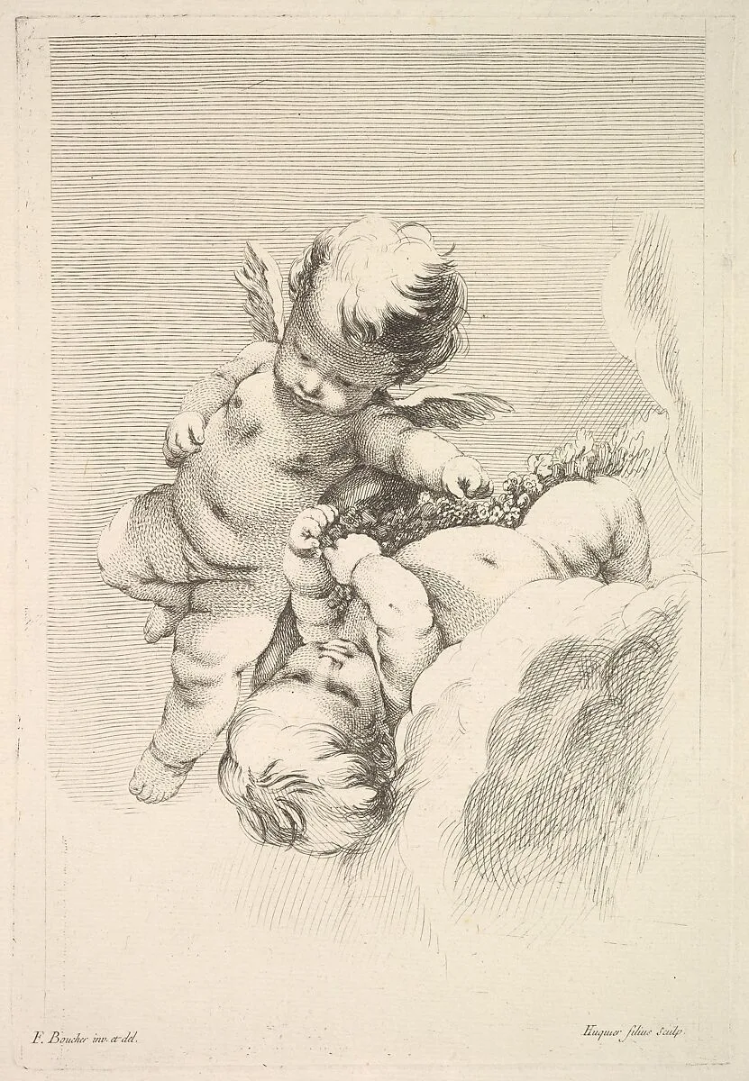 Two Cupids, One Holding a Wreath — François Boucher|Jacques Gabriel Huquier