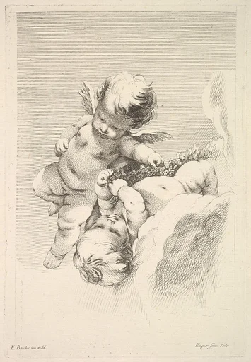 Two Cupids, One Holding a Wreath