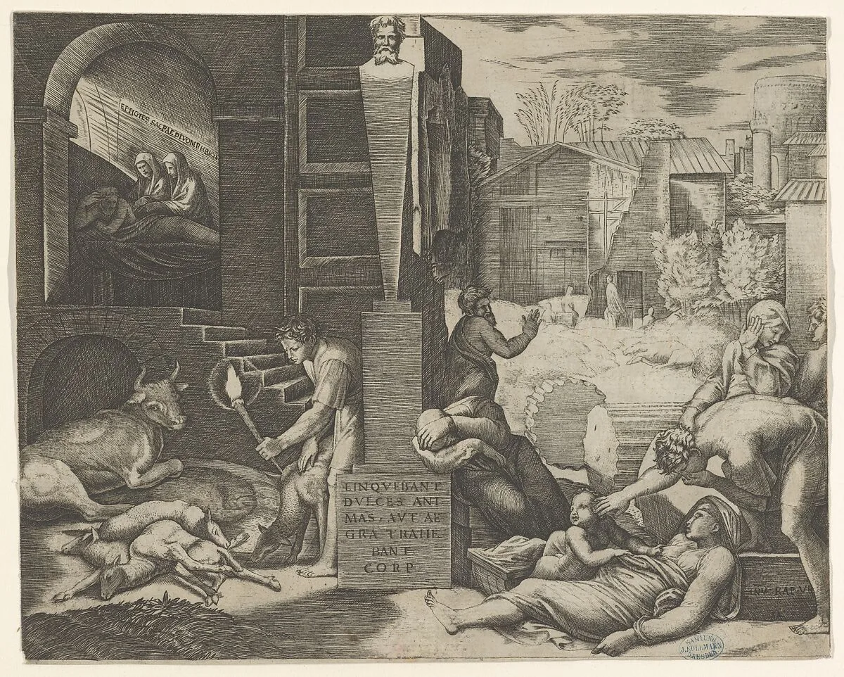 A plague scene at right, a man at left holding a torch illuminating part of the scene at left, ill people at the right — Marcantonio Raimondi|Raphael (Raffaello Sanzio or Santi)
