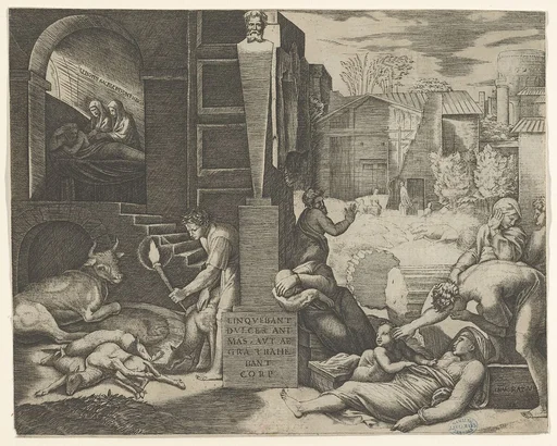 A plague scene at right, a man at left holding a torch illuminating part of the scene at left, ill people at the right