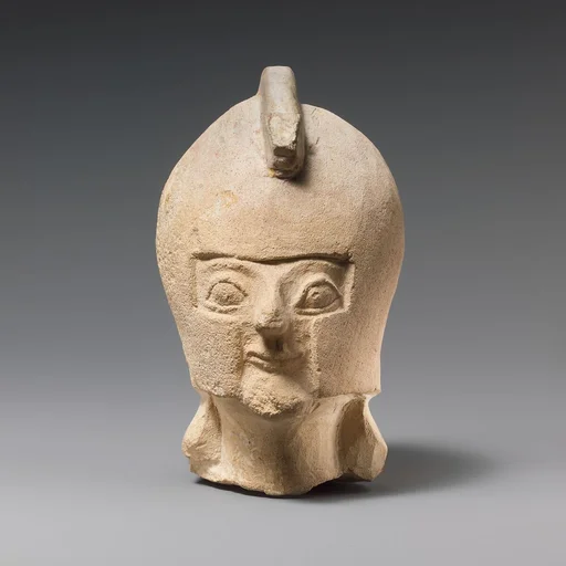 Limestone head of a warrior wearing a crested helmet