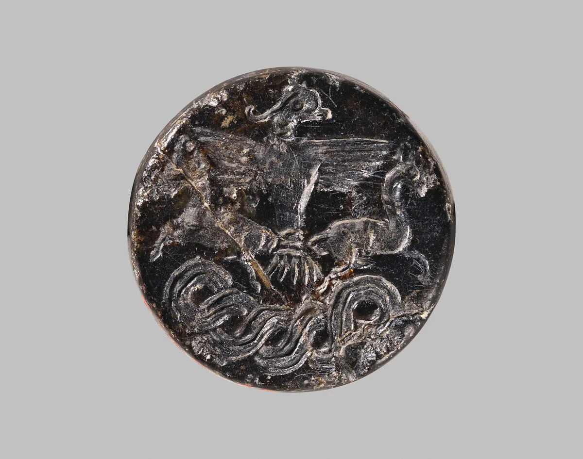 Stamp seal with a knob handle: bird of prey with two horned animals caught in its talons — Unknown