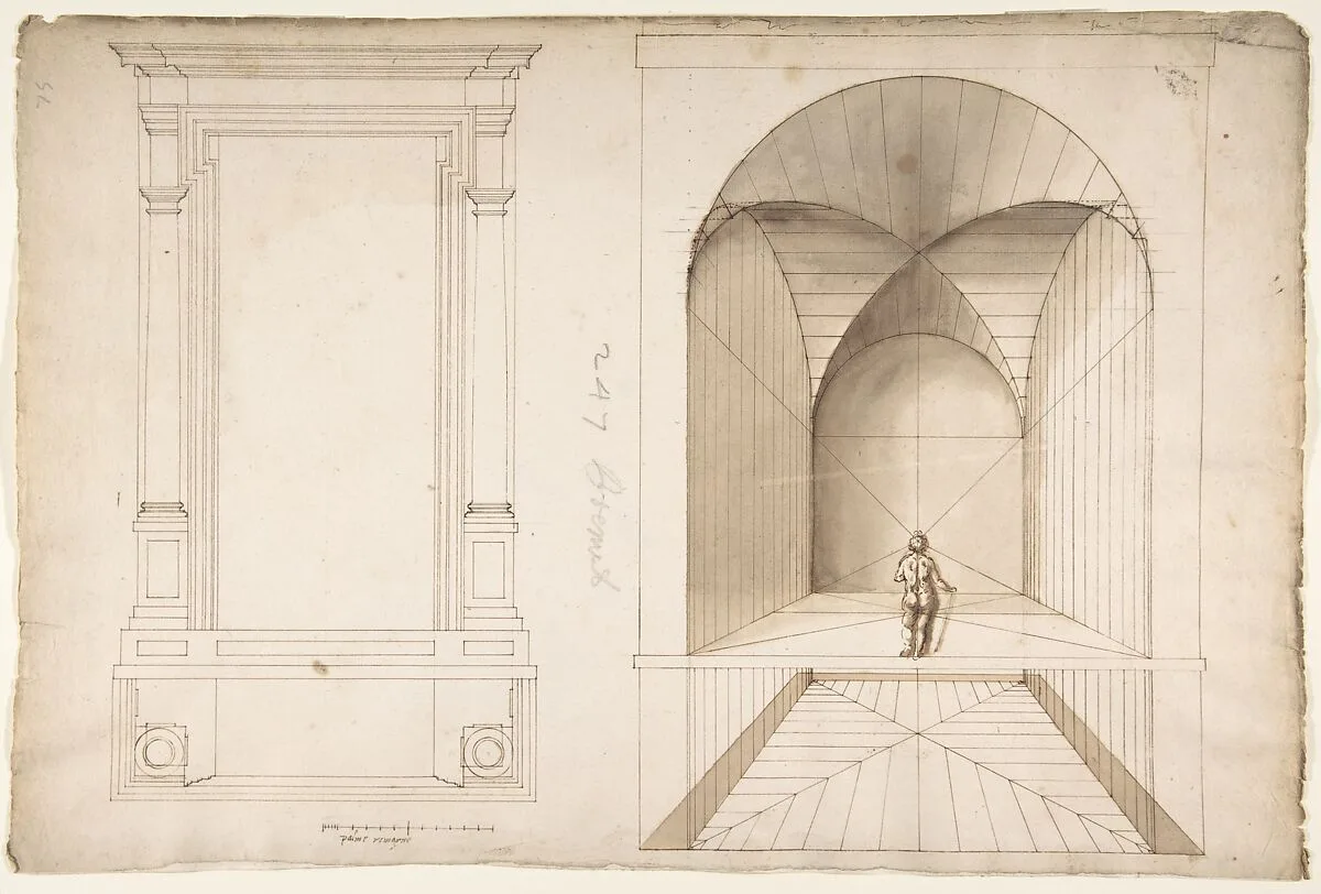 Unknown, portal or niche, plan and elevation; perspective study, interior, square chamber with cross-vault, with a scale figure (recto), blank (verso) — Anonymous, French, 16th century