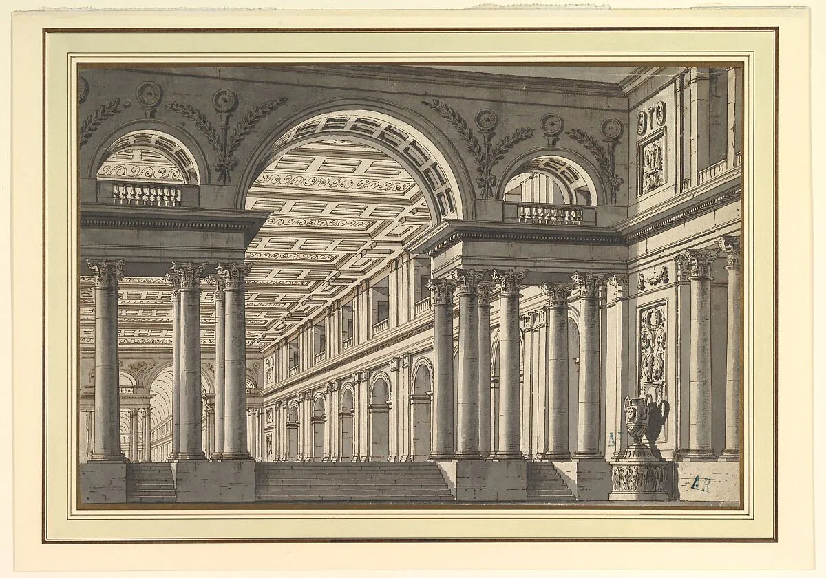 Design for a Stage Set: Classical Arcaded Gallery with Triumphal Arch Motif — Paolo Landriani