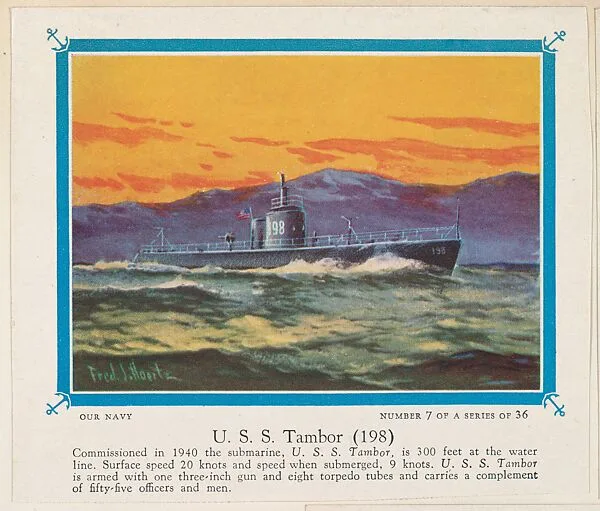 No. 7, U. S. S. Tambor (198), collector card from the Our Navy series (D62), issued by the Kelley Baking Company — Kelley Baking Company