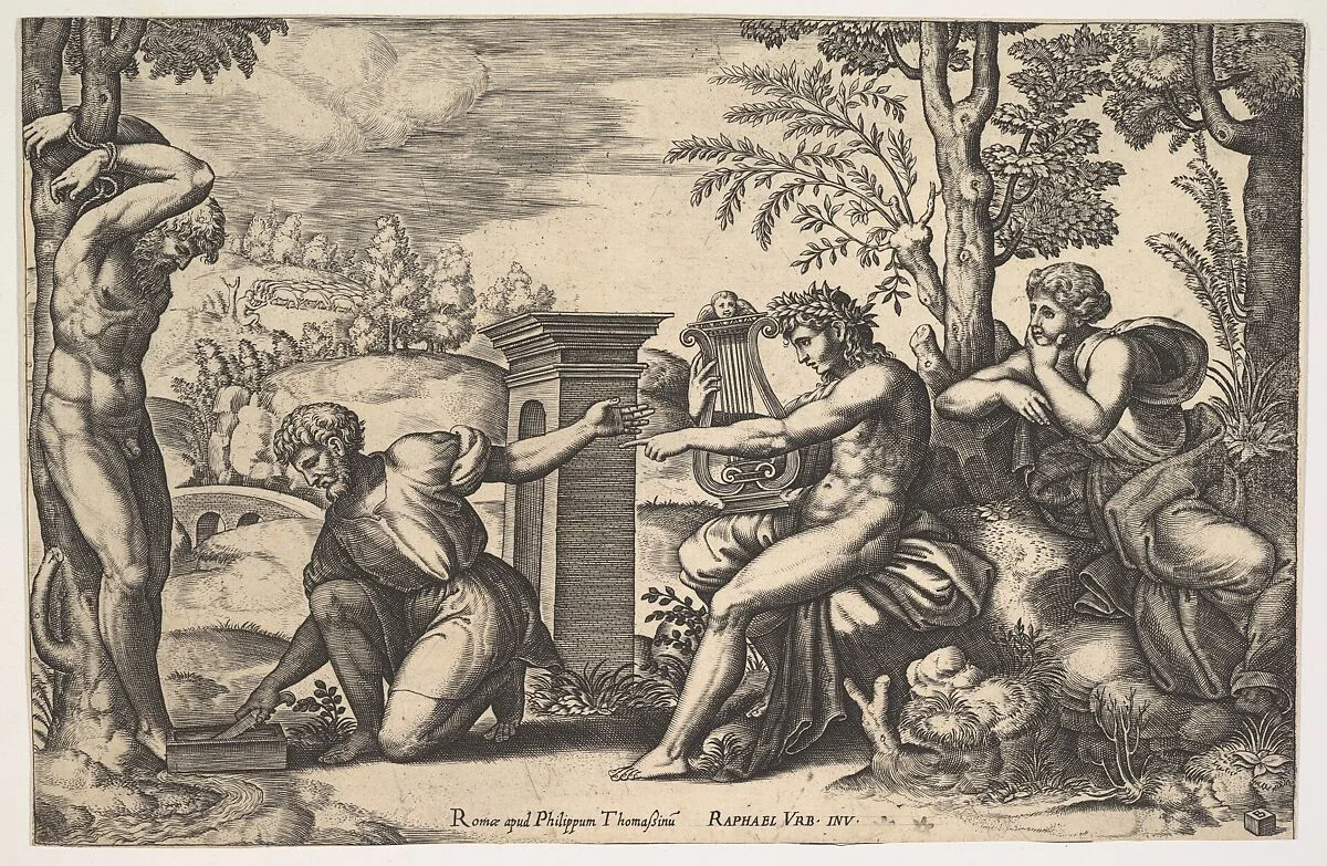 Apollo seated at the right with a lyre on his knee, pointing to a kneeling man who is about to flay Marsyas who is tied naked to a tree at left — Master of the Die|Philippe Thomassin