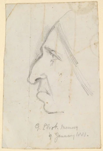 Portrait of George Eliot, seen in profile to the left