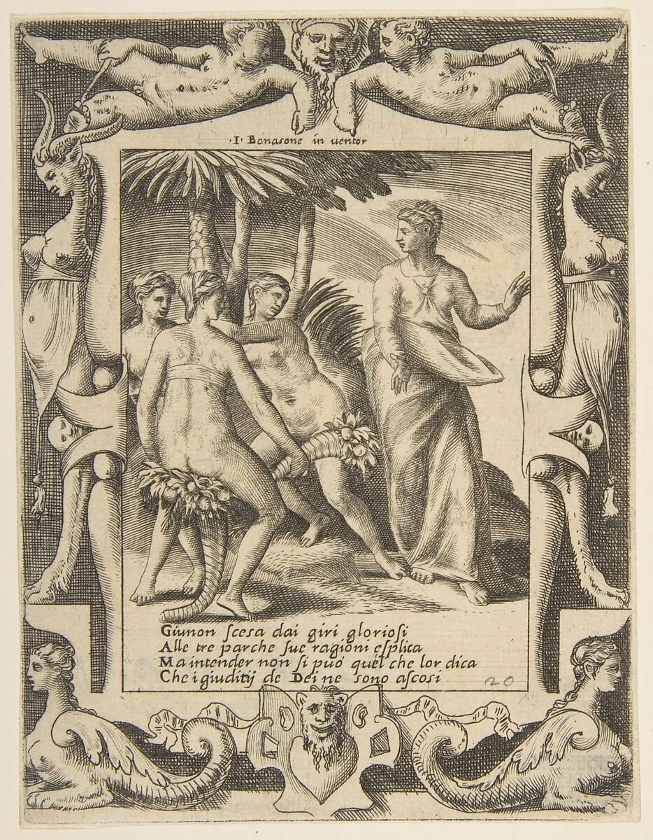 Juno at the right turning and speaking to the Fates, set within an elaborate frame, from "Loves, Rages and Jealousies of Juno" — Giulio Bonasone