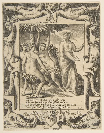 Juno at the right turning and speaking to the Fates, set within an elaborate frame, from "Loves, Rages and Jealousies of Juno"