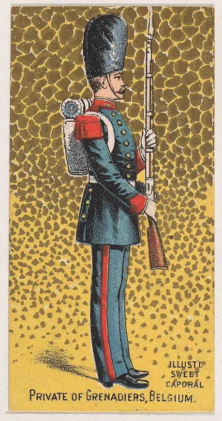 Private of Grenadiers, Belgium, from the Military Series (N224) issued by Kinney Tobacco Company to promote Sweet Caporal Cigarettes — Kinney Brothers Tobacco Company