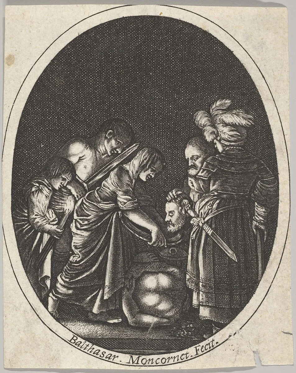 Salome receiving the head of John the Baptist, surrounded by three men and a child bearing a torch, the Baptist's body lies on the ground, an oval composition — Hendrick Goudt|Adam Elsheimer|Balthazar Moncornet