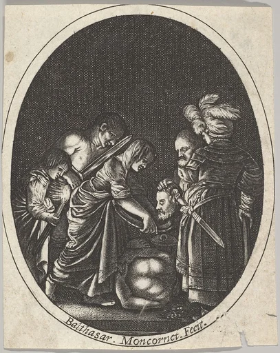 Salome receiving the head of John the Baptist, surrounded by three men and a child bearing a torch, the Baptist's body lies on the ground, an oval composition