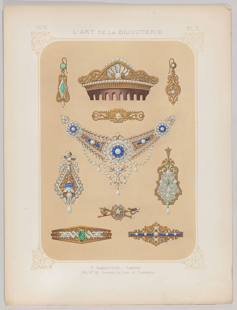 Jewelry Designs in Gold, Diamonds and Other Precious Stones, Plate 7 from "L'Art de la Bijouterie" — Librairie Polytechnique Baudry et Cie.|Jean Francois Barousse