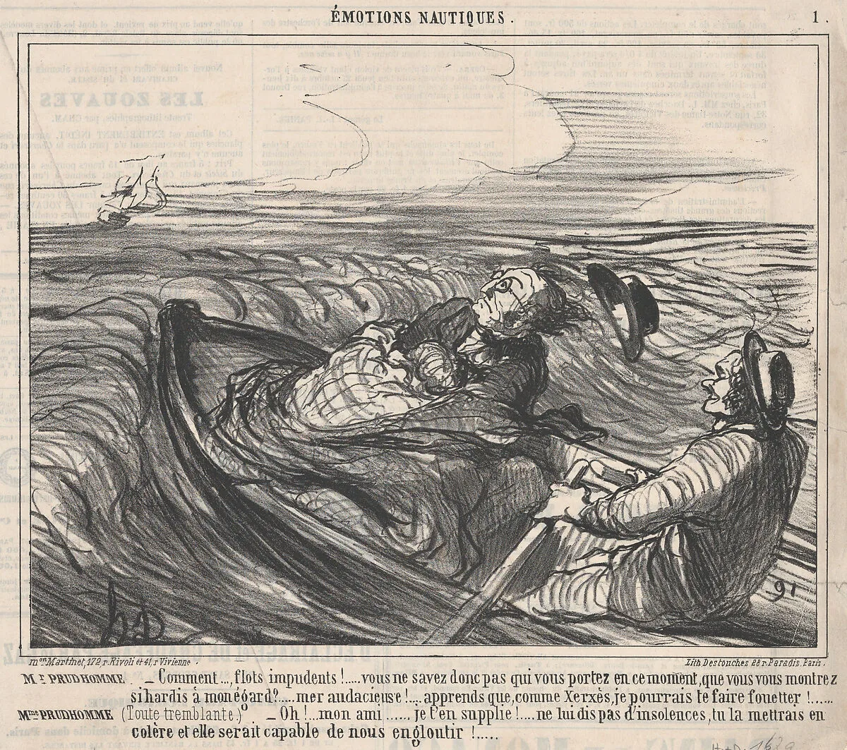 Comment..., flots impudents!... vous ne savez donc pas qui vous portez en ce moment,...., from Émotions Nautiques, published in Le Charivari, October 26, 1859 — Destouches|Aaron Martinet|Honoré Daumier